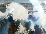 un tableau représentant un homme surfant sur une vague avec sa planche de surf