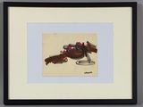 painting of a man on a snowmobile with a dog on the back of it