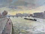 a painting of a river with a boat going down it