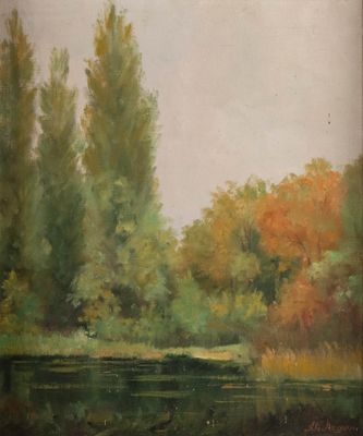 tableau représentant une rivière avec des arbres en arrière-plan et un bateau sur l'eau
