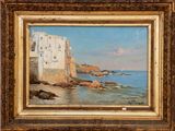 une image d'une peinture représentant une scène de plage avec un bateau dans l'eau