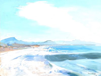 a painting of a view of a beach with waves coming in