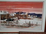 framed picture of a painting of a farm in the snow with a red sky in the background