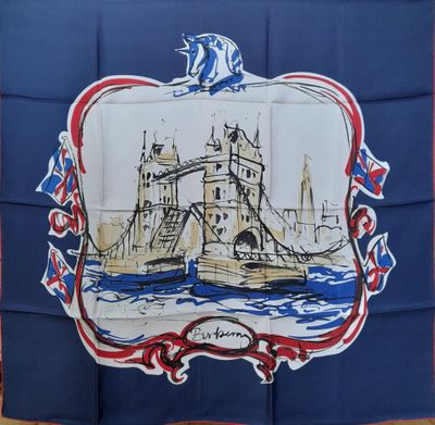 an image of a blue and white flag with a picture of a bridge