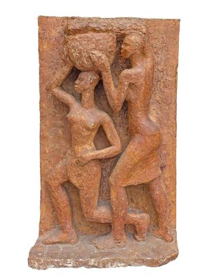 an image of a sculpture of two women and a man on a rock