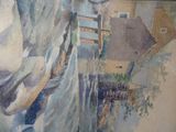 a painting on the wall of a building with a clock on it