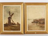 two paintings of a windmill and a boat on the water