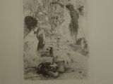 drawing of a woman sitting on the ground next to a dog