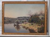 an image of a painting of a river with a man on a boat