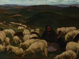 un tableau représentant une femme assise devant un troupeau de moutons