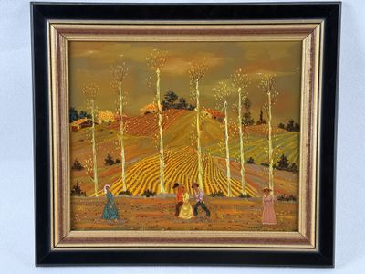 an image of a painting of people in a field with trees in the background