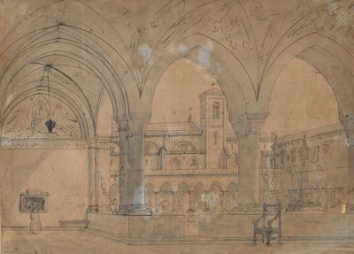 un dessin représentant une église avec une horloge accrochée au mur