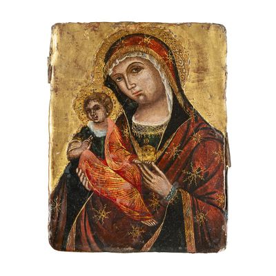 une peinture représentant une femme tenant un enfant dans ses bras