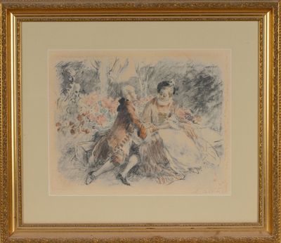 Antoine CALBET (1860-1944). Scène galante dans un parc.
