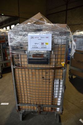 a cart with a lot of boxes on it in a warehouse
