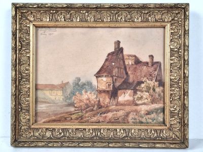 E. SCHAEFFEL-DANIEL (XXe). "Vue d'une ferme", aquarelle, déd…