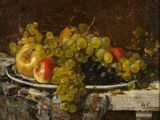 an image of a painting of grapes and apples on a table