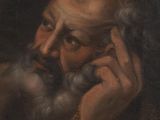 painting of an old man talking on a cell phone while holding his hand to his ear