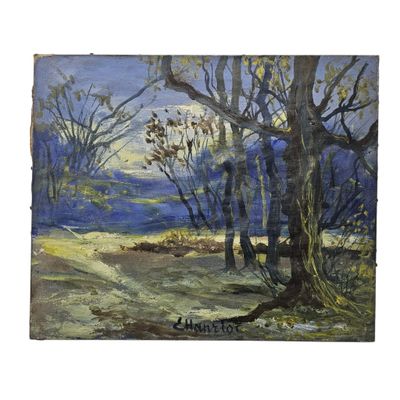 an image of a painting of a landscape with trees in the foreground