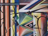 abstract painting of a man ' s face with multiple colored lines