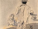 dessin représentant un homme promenant son chien et un homme coiffé d'un chapeau