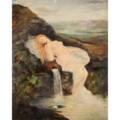 une image représentant un tableau où l'on voit une femme assise sur un rocher au bord d'un ruisseau