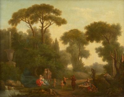 painting of a painting of people in a wooded landscape with a stream