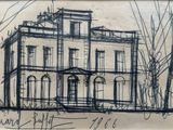 drawing of a drawing of a building with a clock on the top of it
