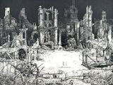 une image représentant un dessin en noir et blanc d'une ville en ruines