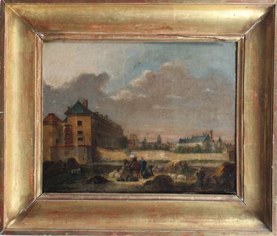 an oil painting of a farm scene with a man on a horse in the foreground and a building in the background