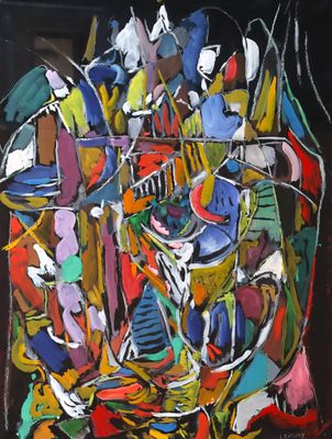 abstract painting of a vase filled with lots of different colored objects