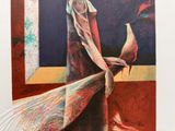 un tableau représentant une femme avec un oiseau sur l'épaule