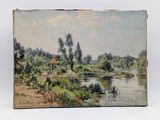 l'image d'une peinture représentant une rivière avec des arbres en arrière-plan