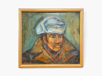 portrait of an old man with a white hat and a blue scarf