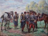 painting of a group of men in uniform standing next to a horse