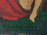 an oil painting of a woman in a red dress sitting on a green blanket