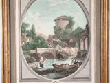 an old painting of a river scene with people in boats
