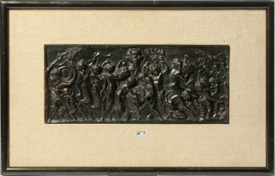 Bas-relief en bronze à patine noire figurant une "Scène de b…