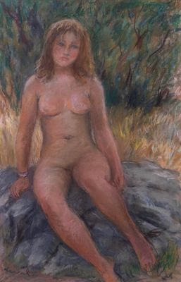 tableau représentant une femme nue assise sur un rocher dans un environnement boisé