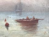a painting of a boat in the water with people in it