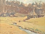 a painting of a farm with a stream running through it