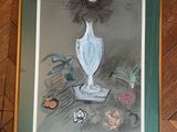 painting of a vase with a flower in it on a wooden floor