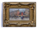 un tableau représentant des personnes marchant sous la pluie avec des parapluies