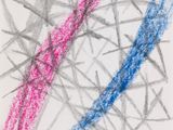 pencil drawing of a pink, blue and grey abstract design on a white paper