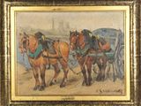 painting of two horses pulling a wagon with a man on it