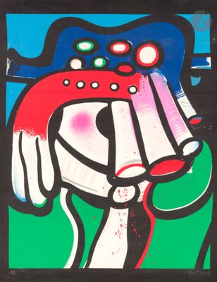 peinture abstraite représentant une femme portant un chapeau rouge et une robe verte