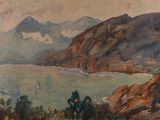 a painting of a view of a lake and mountains