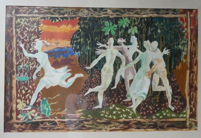un tableau représentant un groupe de femmes dansant dans une forêt