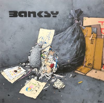 a painting of a rat sitting on a garbage bag next to a trash can