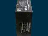 a black box with a red and white logo on it